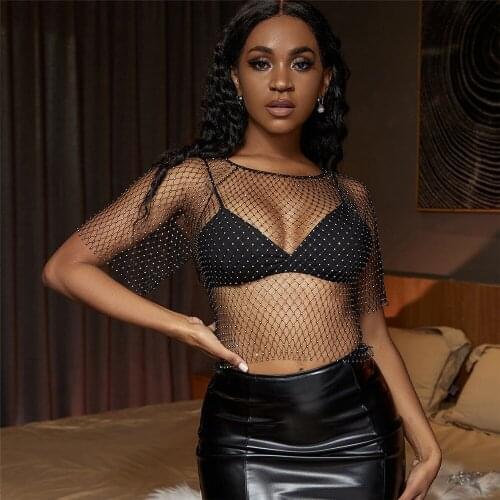 Sexy vintage see through Rhinestone crop top t shirt women summer party night club t shirts blouses beach Fishnet cover up tops