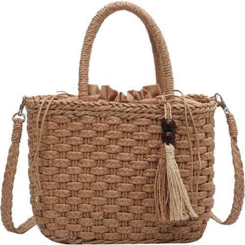 Fringed Straw Handbag Hand-Woven Rattan Bag Woven Wallet Wicker Beach Bag Bohemian One-Shoulder Messenger Bag