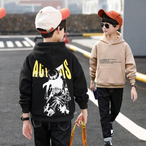 Boys' Hoodie Sweater Thicken Plus Fleece Warm Clothes Loose Fashion Sweatshirt Boys Autumn/winter Letter Print Top 3-16 Years