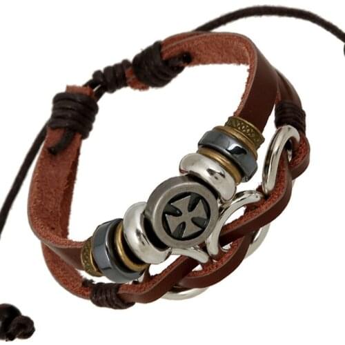 Punk Fashion Cross Cirle Beads Charm Bracelet Wrap for Women Men Multilayer Leather Bangle Wristband Casual Vintage Rock Jewelry