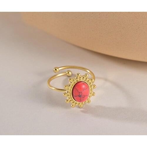 Vintage Oval Shape Big Red Stone Rings For Women Waterproof Stainless Steel Geometric Flower Ring Jewelry Party Gift 2021