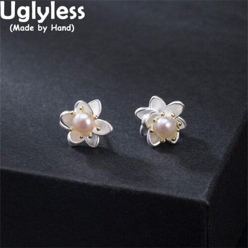 Uglyless Blooming Lotus Flowers Studs Earrings for Women Natural Pearls Floral Brincos Genuine 925 Sterling Silver Lotus Jewelry