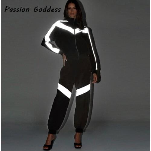 Women 2 Piece Reflective Tracksuits Set Loose Jogger Outwear Baseball Bomber Jackets Zipper Sweatsuits Long Sweatpants Costumes