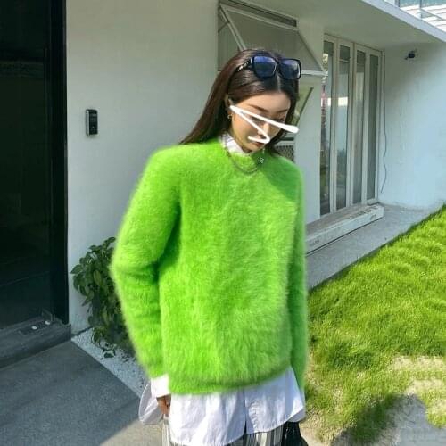 European Loose Outer Women Sweater Round Neck 100% Mink Cashmere Plush Warm Soft Pullover Fluffy JNS044