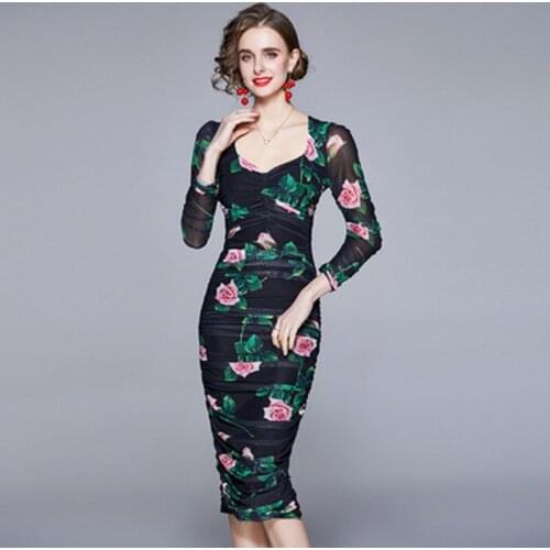 Runway Women Slim Sexy V Neck Puff Sleeve Stretch Sheath Party Dress 2021 Summer Mesh Floral Print Ruched Draped Bodycon Dress