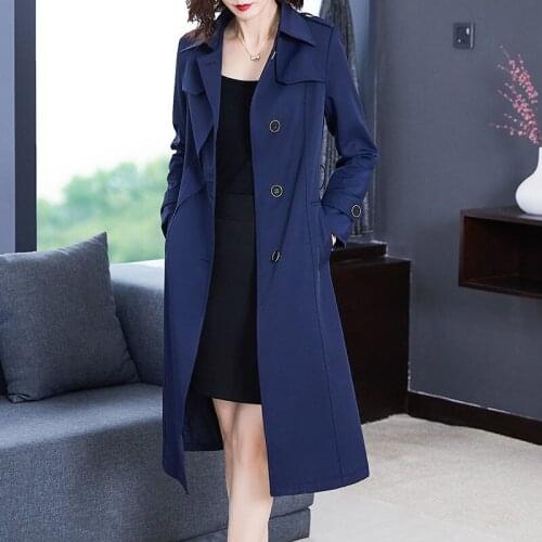 Women Coat 2021 Spring Windbreaker Single Breasted Trench Coat Female Long Coat England Style Navy Blue Lapel Ladies Outerwear