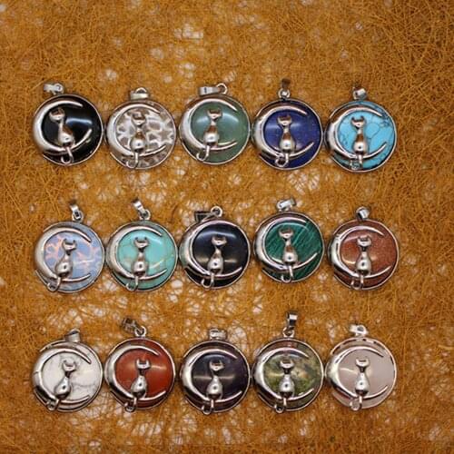 12pcs Natural Stone moon cat Necklace Pendants random clr Meditation Amulet Quartz Treat Crystal Charm for Jewelry Making Free