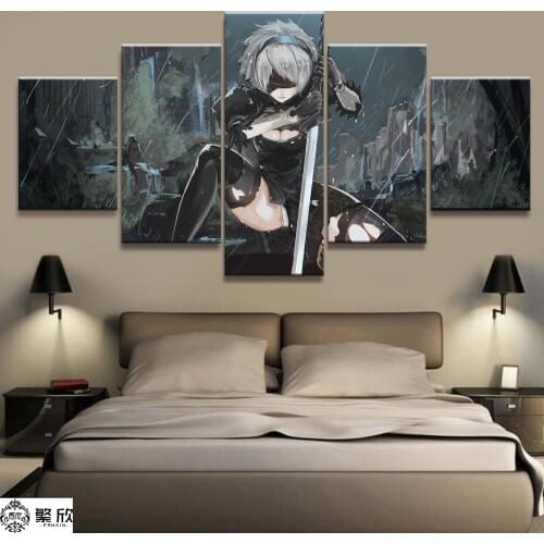 5 Panel NieRAutomata 2B Game Canvas Printed Painting For Living Room Wall Art Home Decor HD Picture Artworks Modern Poster