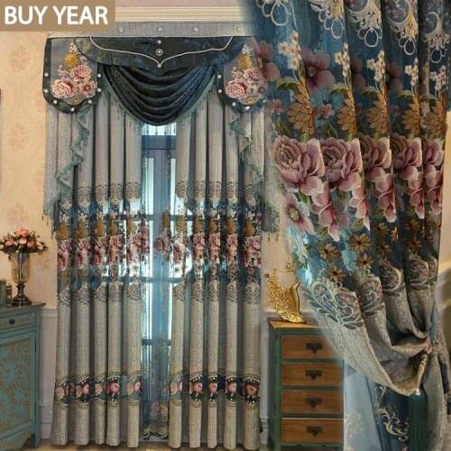 American Curtains for Living Room Bedroom European Style Embroidery Light Luxury Hollow Blue Curtains Tulle Valance Curtains