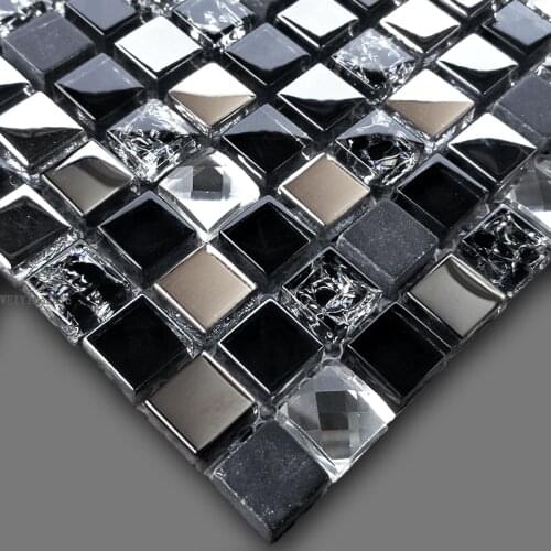 Shiny Mirror Crystal Glass mixed Black Marble Stone Mosaic Tile for Kitchen Backsplash Bathroom Shower Cabinet Hallway wall deco