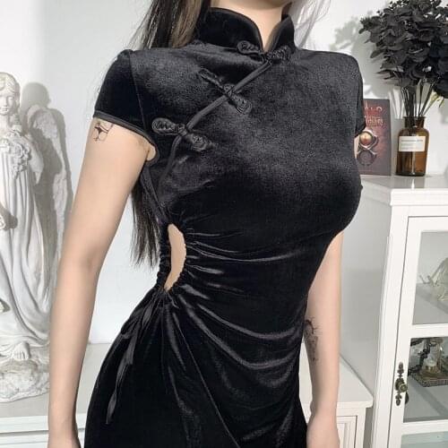 Gothic Cheongsam Summer Chinese National Style Vintage Slim Black Dresses Sexy Hollow Out Tight Split Fork Night Club Clothing
