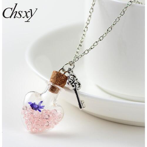 CHSXY Bohemian Dried Flower Heart Shaped Glass Bottle Necklace DIY Craft Openable Cork Pendant Sweater Chain Necklace Idea Gift