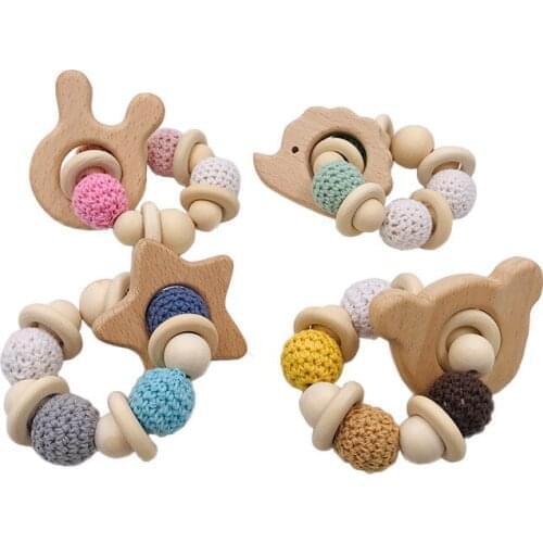 Montessori Educational Toys Infant Beech Wooden Wood Teething Bracelet Animal Handmade Teether Chewable Comforter Sensory Toys