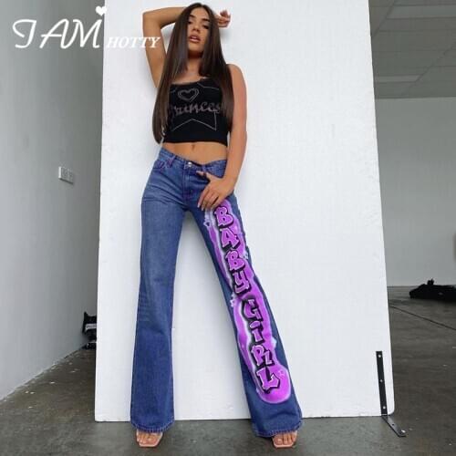 Aesthetic Letter Print Straight Mom Jeans Women Vintage Harajuku Baggy High Waist Boyfriend Punk Denim Streetwear Pants Iamhotty