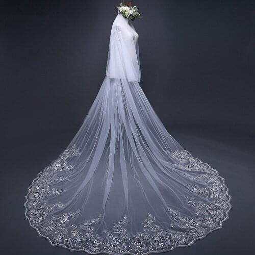 Wedding Veil Lace Edge Long Face-Covered Bridal Veil Appliques Sequins Two Tiers White/Ivory Veil With Comb Cathedral 3Meters