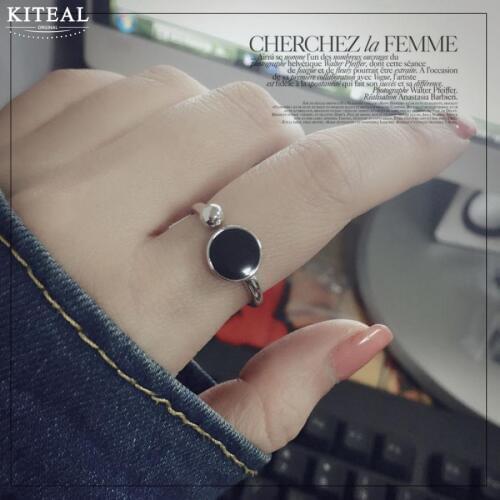 Kiteal 925 jewelry Silver plated Round black Epoxy resizable Rings Personality Simple Geometric Hipster Ring For Women