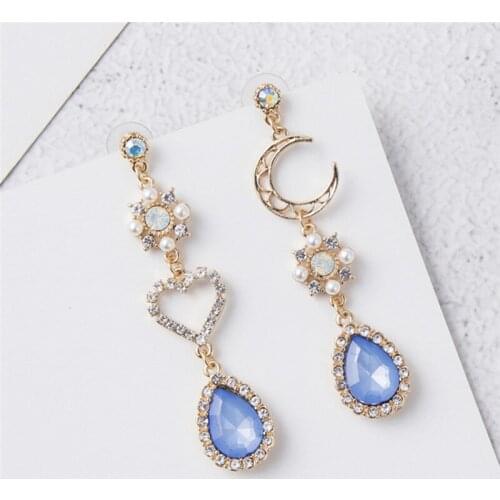 2020 New Sweet Asymmetry Shiny Rhinestone Love Heart Moon Drop Earrings For Women Long Blue Crystal Tassel Dangle Jewelry
