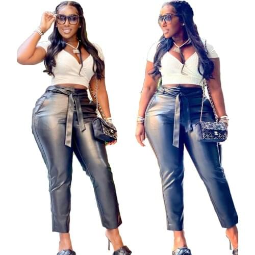 Pure Color Leather Casual Pants Small Feet Pants Spring Women Pu Leather Pants Black Sexy Stretch Bodycon Trousers Women Outfits