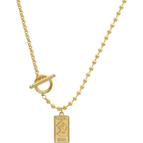 Stainless Steel Gold Beaded Toggle Chain Collar Necklaces For Women Square Pendant Necklaces Jewelry Collares Para Mujer