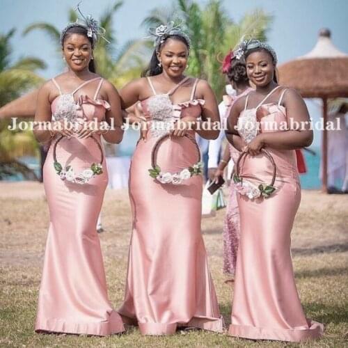 Spaghetti Strap Blush Pink Bridesmaid Dresses With Ruffles Neck Plus Size Mermaid Applique Maid Of Honor Dress robes de soirée