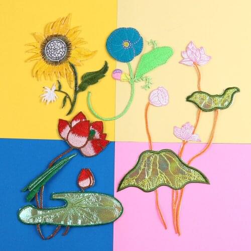 Plant sunflower Embroidered Lotus leaf Patches Sew On For Clothing DIY Applique Stickers Clothes Badges Chinese Style Sticker
