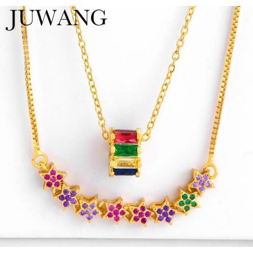 Luxury Cubic Zirconia Bar Pendant Necklace Gold Color CZ Rainbow Long Necklace For Women Jewelry Gift