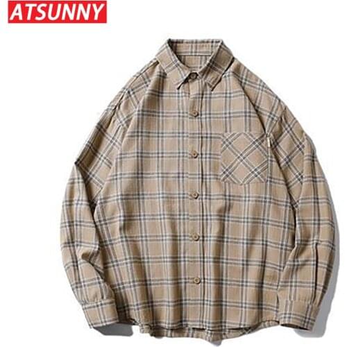 ATSUNNY 2021 Long Sleeve Shirt Plaid Oversized Brown Top Turn-down Collar Leisure Fashion Loose All-match Loose Blouse