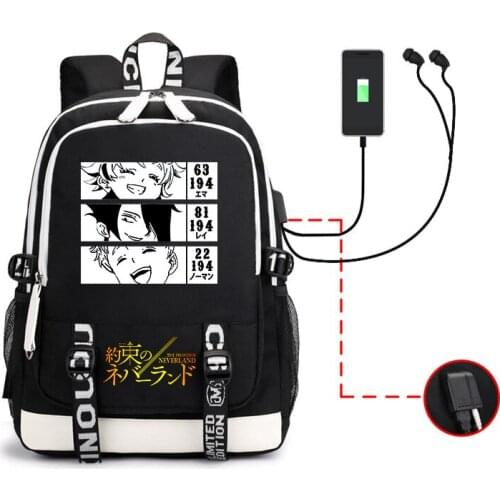 The Promised Neverland Backpack Anime Print Schoolbag USB Black Computer Travel Daypack Casual Campus Bag Shoulderbags 2021 New