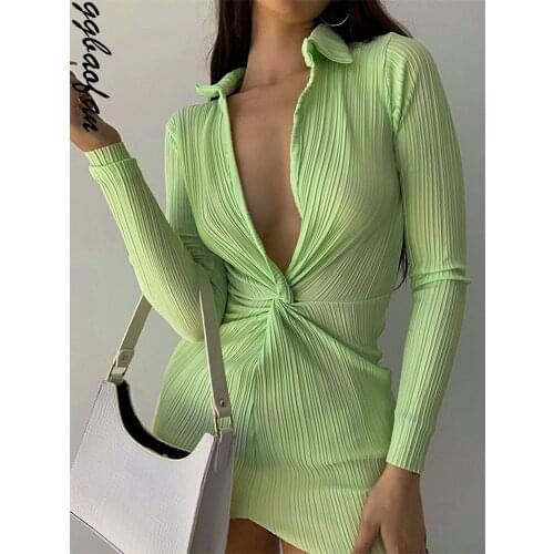 Ggbaofan Sexy Ruched Bodycon Green Deep V Neck Long Sleeve Fashion Casual Black Women Mini Turn-Down Shirt Dress Vestido Autumn