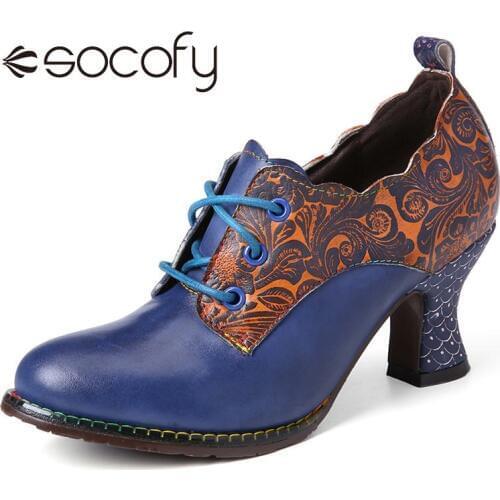 SOCOFY Vintage Leather Floral Stitching Lace up Side Zipper Chunky Heel Pumps Women Round Toe Party Shoes Botas Mujer 2020