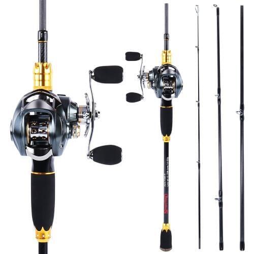 Sougayilang 4 Section Lure Fishing Rod and Baitcasting Reel Combo Portable Carbon Fiber Casting Rod Pole with Baitcast Reel Kit