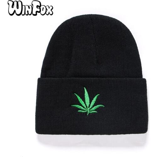 Winfox 2018 New Winter Hip Hop Punk Green Leaf Black Beanies Hats Skullies For Women Mens