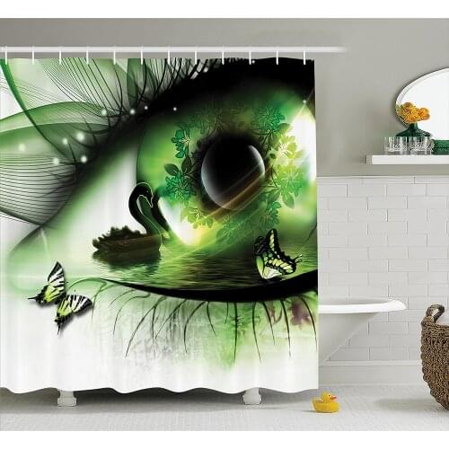 Green Shower Curtain Abstract Home Decor Abstract Nature Artwork with A Swan Floating in an Eye and Flying Butterflies Curtains