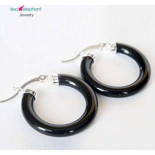 New Fashion Women 925 Sterling Silver Ear Hoop Black Natural Jade Earrings