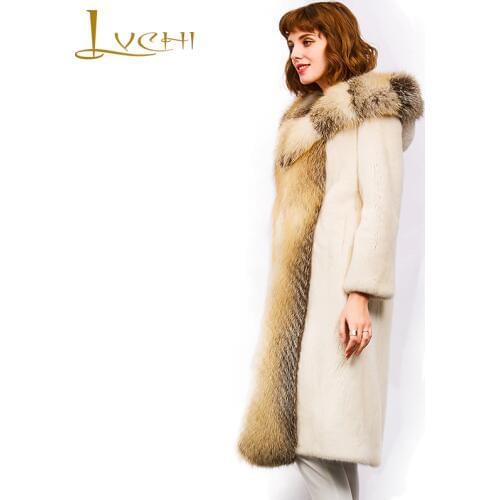 LVCHI Winter 2019 Imported Denmark Crown Velvet Mink Coat Womens Patchwork Mink Coat Slim With Hat Fox Fur Collar Mink Coats