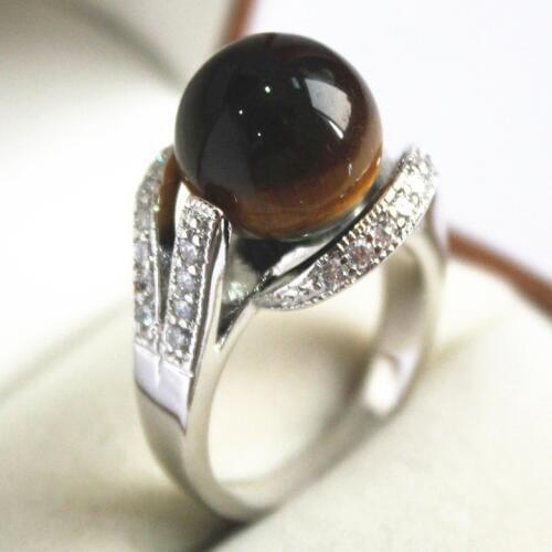 New 12MM Bead Plated Inlay CZ Natural Tiger eye 's Stone Gift Fashion Rings For Women