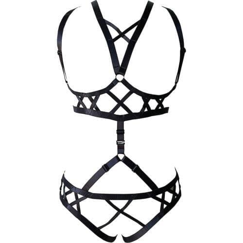 Women Body Harness Bra Bondage Lingerie Panties Hollow Cross G-String Briefs Breathable Underwear Adjustable Fishnet Bodysuit