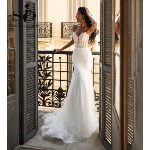 SoDigne Mermaid Wedding Dresses 2021 Shinny Glitter Tulle Bridal Gown Sweethearts Vintage Lace Appliques Boho Wedding Gowns