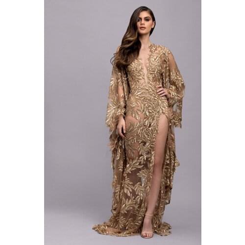 2021 Arabic Gold Sexy Split Prom Dresses Luxury Beading Lace Appliqued Women Plus Size Formal Evening Gowns