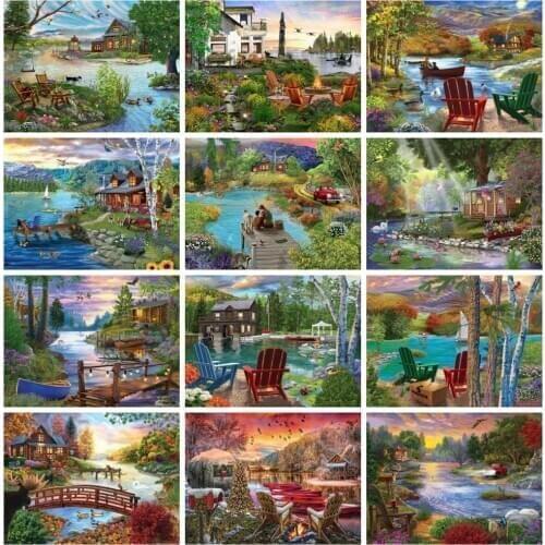 Huacan Diamond Painting Forest Landscape Cross Stitch Diamond Mosaic River Rhinestones Picture Living Room Decoration