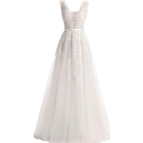 Long Tulle Appliques Prom Dresses 2021 Double V Neck Formal Evening Party Dress Lace up Back Robe De Soiree