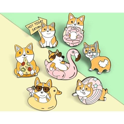 Cartoon Puppy Holiday Enamel Pins Swimming Diving Pizza Donuts Corgi Dog Brooches Bag Lapel Pin Badge Jewelry Gift for Friends