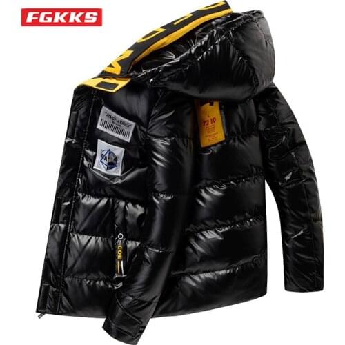 FGKKS Men Winter Loose Down Cotton Jacket Men Printing Shiny Round Collar Thicken Parka Hooded New Down Cotton Jacket