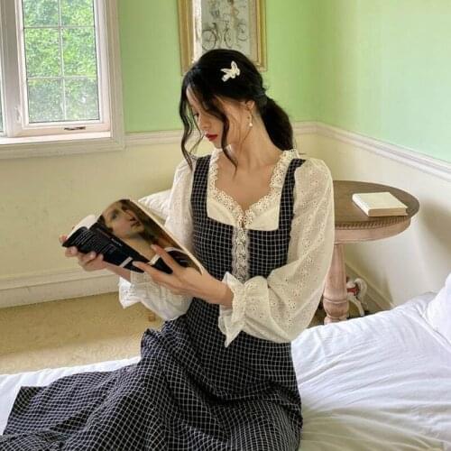 French Vintage Dress Women Casual Elegant Plaid Midi Sweet Dress Party Long Sleeve Lace One Piece Dress Korean Vestidos