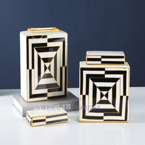 Ceramics Square Storage Tank Vase Geometric Pattern with Cover Marbling Handicraft Display Storage Organization Home Decoration