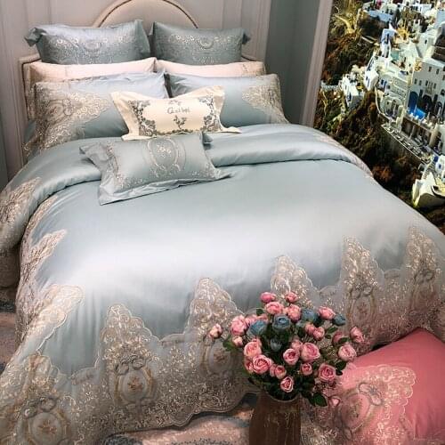 Noble Blue 120S Egyptian cotton Tencel Luxury Lace Edge Bedding sets Queen King Royal Duvet cover Bed sheet set Pillowcase 4pcs