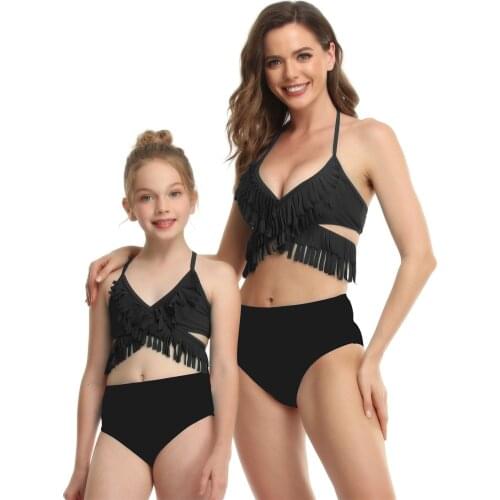 Parent-Child Black Bathing Suit Two Pieces Cross Tassels Halter Tops with Triangle Bottoms Family Swimwear Mom Daughter Bikinis