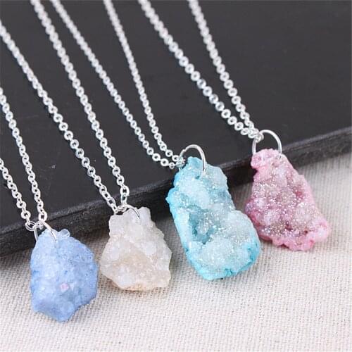 Quartz Necklace Natural Druzy Agates Natural Stone Slice Crystal Pendant Chain Necklace Fashion Jewelry With Chain