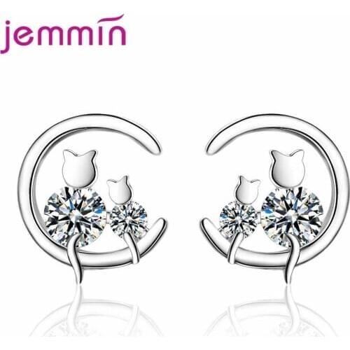 Cute Mom and Daughter Earrings Original 925 Sterling Silver Jewelry Shining Cubic Zircon Mother Cat Daughter Cat Pendientes