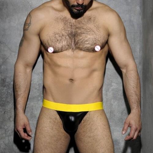 Mens leather briefs black solid elastic leather sexy male youth double D briefs